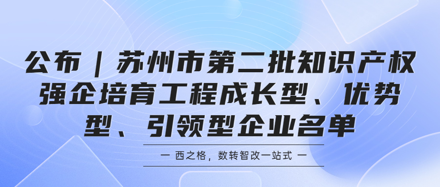 公布｜蘇州市第二批知識(shí)產(chǎn)權(quán)強(qiáng)企培育工程成長(zhǎng)型、優(yōu)勢(shì)型、引領(lǐng)型企業(yè)名單