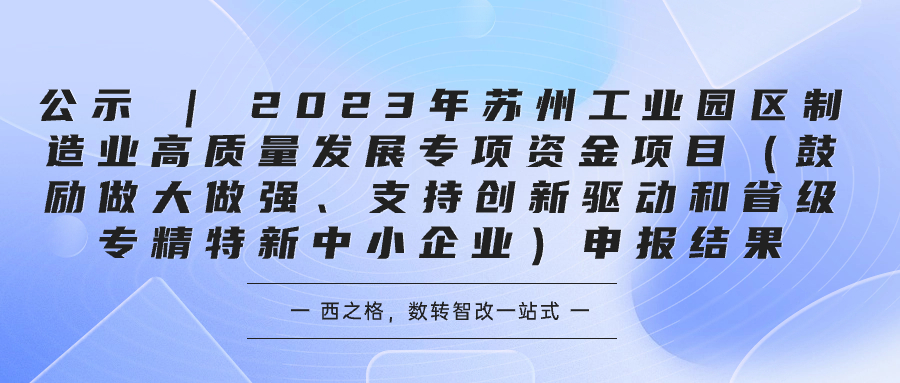 公示 | 2023年蘇州工業(yè)園區(qū)制造業(yè)高質(zhì)量發(fā)展專項(xiàng)資金項(xiàng)目（鼓勵(lì)做大做強(qiáng)、支持創(chuàng)新驅(qū)動和省級專精特新中小企業(yè)）申報(bào)結(jié)果