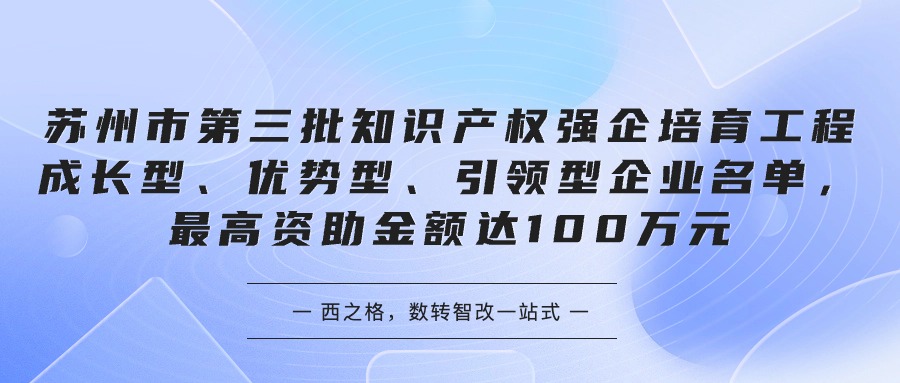 蘇州市第三批知識(shí)產(chǎn)權(quán)強(qiáng)企培育工程成長(zhǎng)型、優(yōu)勢(shì)型、引領(lǐng)型企業(yè)名單，最高資助金額達(dá)100萬(wàn)元